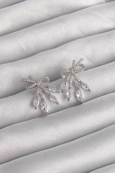 Lisinya Brass Silver Color Zircon Stone Bow Earrings - Tygoo