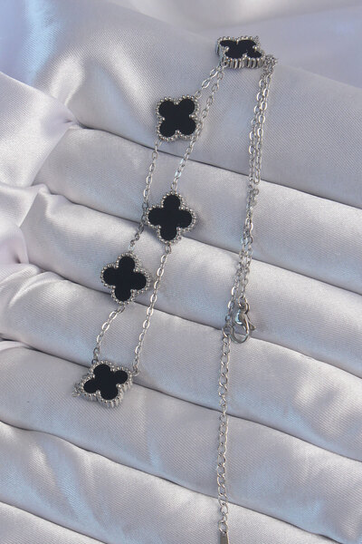 Lisinya 316L Steel Silver Color Black Enamel Clover Necklace -