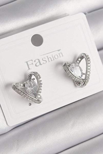 Lisinya Brass Silver Color Zircon Stone Heart Model Women's Earrings - Tygoo