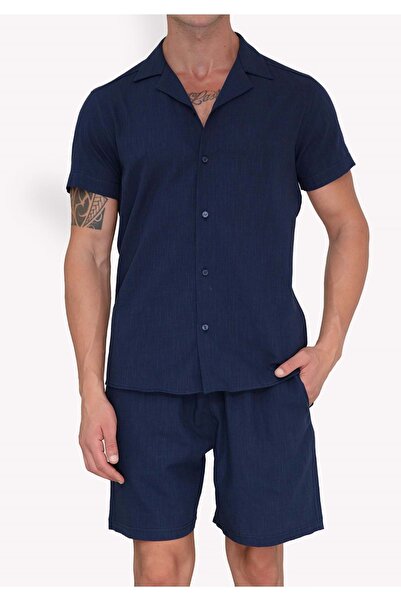 Exve Exclusive Navy Blue Linen Relaxed Fit Short Sleeve Loose Lapel Collar Summer Shirt Shorts Set