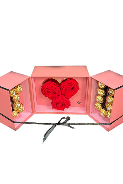 velve Pachet cadou I Love you, format din 3 trandafiri criogenati si 15 praline Ferrero Rocher, Roz,45x18