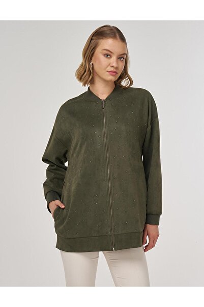 Kayra Hotfix Baskılı Süet Ceket Koyu Haki 13081