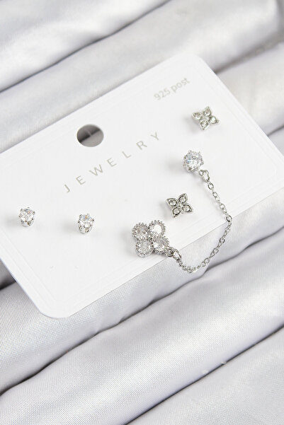 Lisinya Pirinç Zirkon Taşlı Yonca Model Gümüş Renk 925 Ayar Gümüş Çivi Kadın ...