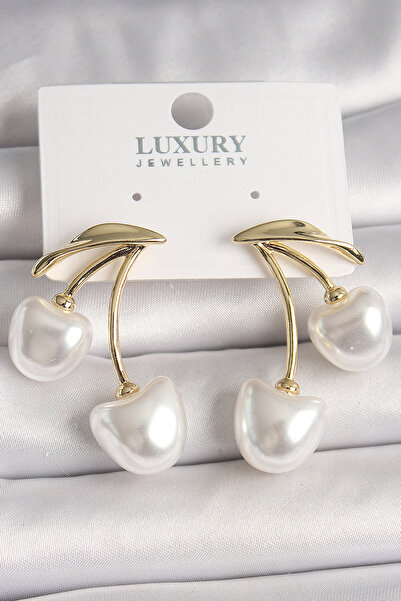 Lisinya Brass Gold Color White Pearl Cherry Model Women's Earrings - Tygoo