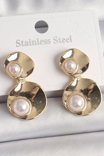 Lisinya Brass Gold Color Dangle Pearl Detailed Circle Plate Model Women's Ear...