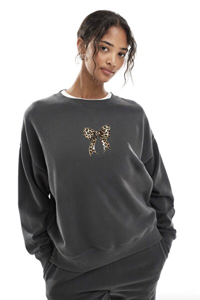 GIA - ART Hanorac oversize pentru femei, cu imprimeu cu panglică Leo, afumat ...