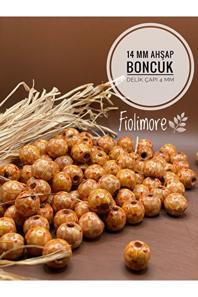 Fiolimore 14 mm Desenli Ahşap Boncuk (50 Gram 44 Adet) Delik Çapı 4 mm Makrom...