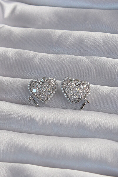 Lisinya Brass Silver Color Bowknot Detail Pearl and Zircon Stone Heart Earrin...