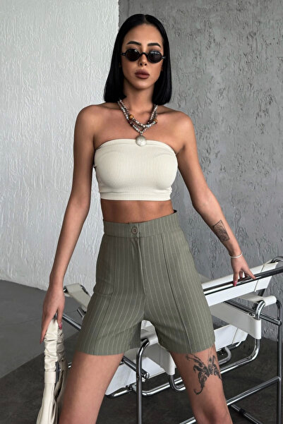 Lisinya High Waist Crepe Stretchy Striped Shorts Offering Elegance and Style ...