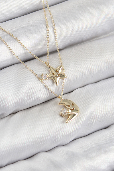 Lisinya قلادة نسائية من حجر الزركون النحاسي على شكل نجمة وقمر باللون الذهبي -...