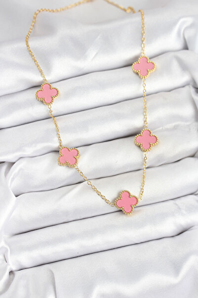 BSRE Gold Pink Color Clover Women's Necklace (316L Steel)