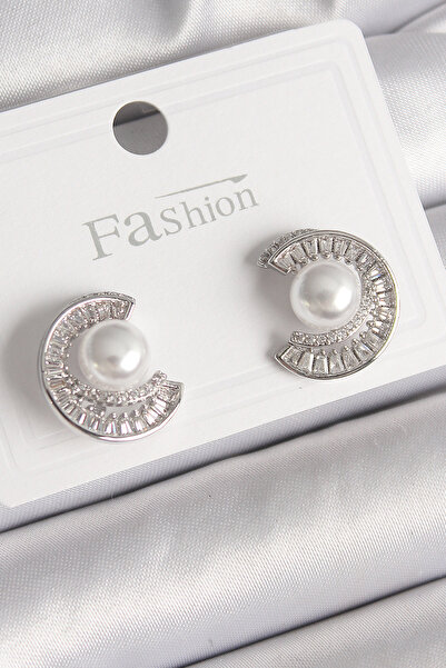 Lisinya Brass Silver Color Zircon Stone Snail Model Pearl Detail Women's Earr...