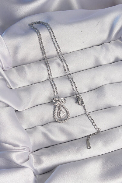 Lisinya قلادة من الفولاذ 316L بلون فضي مع تفاصيل فيونكة وحجر الزركون - موديل ...