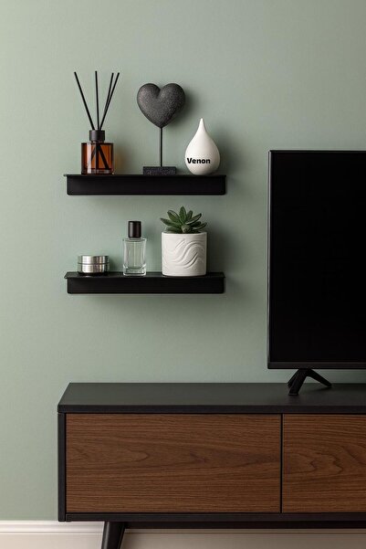 VENON 2.li Set Metal Raf Siyah 30 Cm Dekoratif Modern Duvar Rafı Banyo Rafı O...