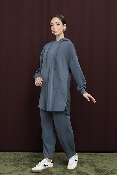 Puane Kadın Arkası Garnili Kapüşonlu Pantolonlu Takım - 14306TKS - ANTRACITE