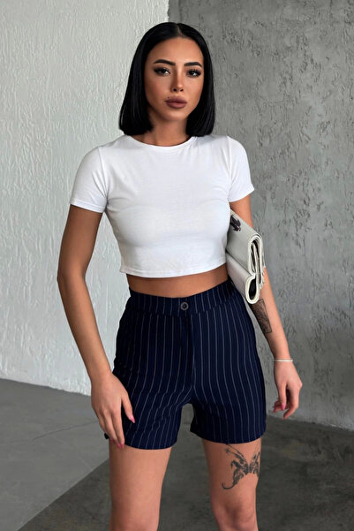 Lisinya Elegant and Stylish High-Waisted Crepe Stretchy Striped Shorts in Nav...