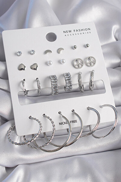 Lisinya Brass Silver Color Zircon Stone 12 Pairs Women's Earring Set - Tygoo