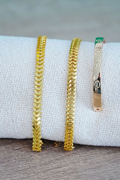 Lisinya Kombin Bileklik Gold Fishbone and Flat Hook Model 3 Pieces in One Lsn...