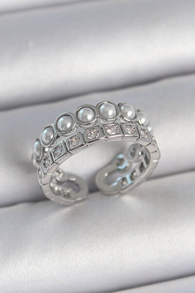 Lisinya خاتم نسائي قابل للتعديل من النحاس الفضي اللون مكون من طبقتين مرصع بحج...