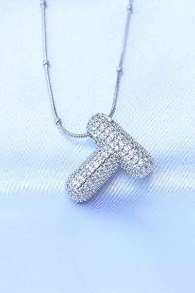 Lisinya قلادة فضية اللون على شكل حرف T مع سلسلة فولاذية 316L وحجر الزركون - T...