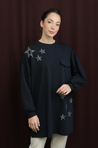 Puane Women's Star Detailed Basic Tunic - 10736Tun - Navy