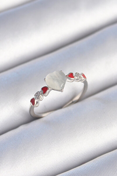 HAYAT STORE خاتم نسائي نحاسي فضي اللون أبيض مطلي بالمينا على شكل قلب مزين بحج...