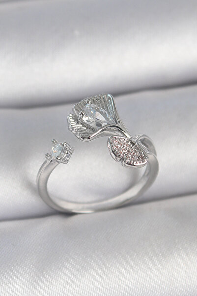 Lisinya خاتم نسائي قابل للتعديل من النحاس الفضي اللون مع حجر الزركون وتصميم ص...