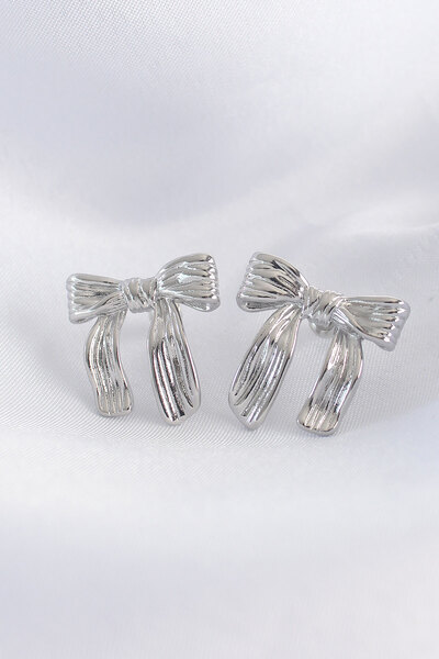 Lisinya Brass Silver Color Line Detail Bow Earrings - Tygoo