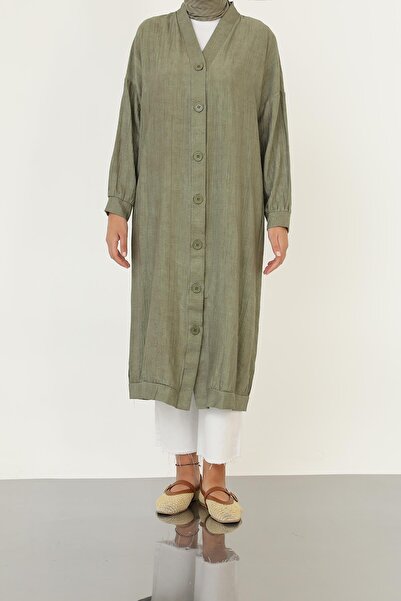 Puane Women's Long Tunic with Button Detail on the Front -10681Tun - Khaki