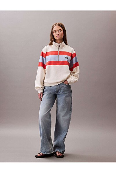 Calvin Klein RUGBY JERSEY 1/4 ZIP STRIPE TOP Bej Kadın Sweatshirt