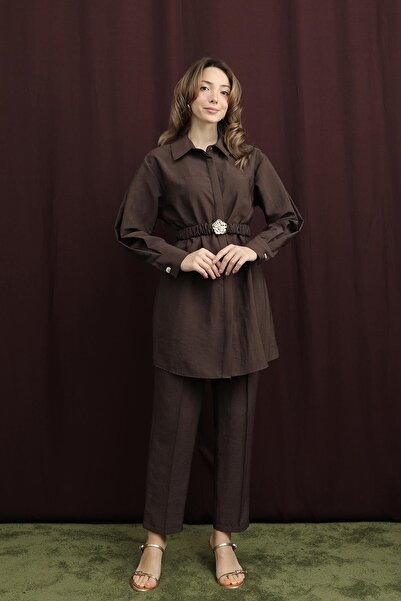 Puane Women's Hidden Placket Waist Elastic Belt Suit - 14388Tks - Brown