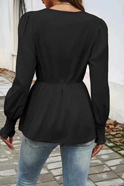 Mossta Double Breasted Collar Tie Detail Imported Crepe Blouse - Black
