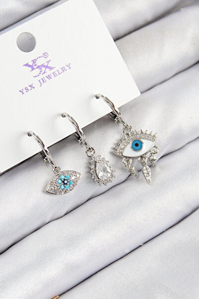 Lisinya Brass Zircon Stone 3-Piece Eye of Fatma Model Silver Color Women's Ea...