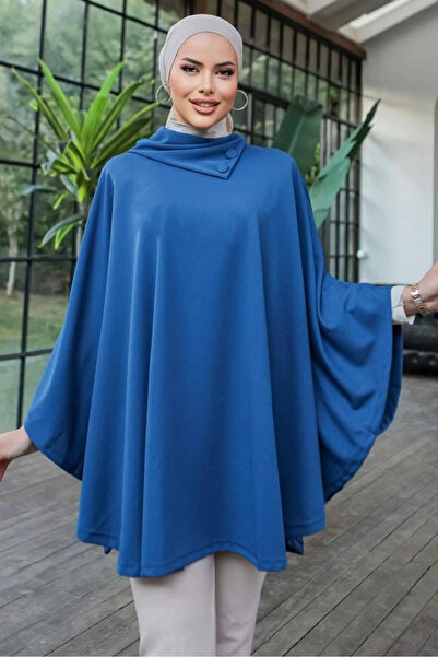 Lisinya Button Detailed Stylishly Designed Blue Shawl Collar Poncho () Tygoo