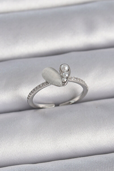 HERŞEYBURDAMODA خاتم نسائي نحاسي فضي اللون قابل للتعديل بحجر الزركون واللؤلؤ ...