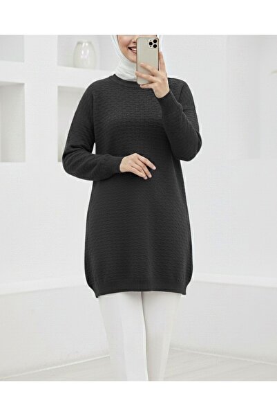 Modamorfo Round Neck Embossed Pattern Sleeve Elastic Knitwear Tunic -Black