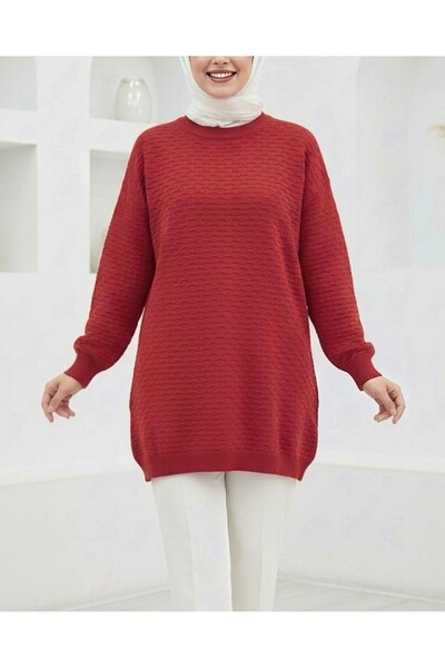 Modamorfo Round Neck Embossed Pattern Sleeve Elastic Knitwear Tunic -Pomegranate Flower
