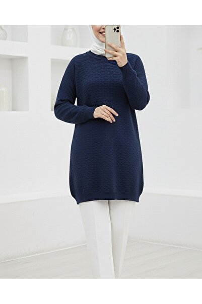 Modamorfo Round Neck Embossed Pattern Sleeve Elastic Knit Tunic - Navy