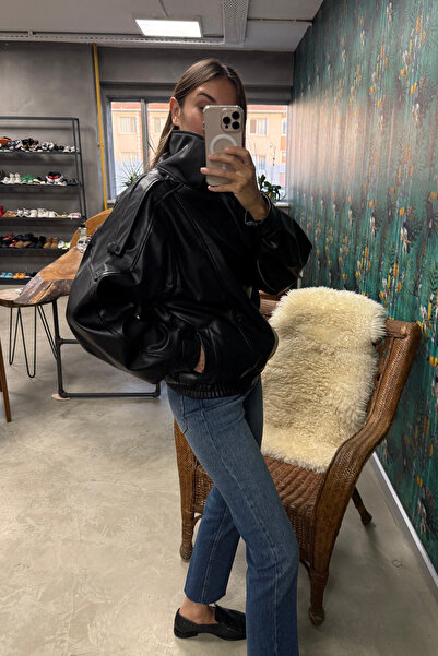 5in1Canpolat Black Stand Collar Bomber Jacket