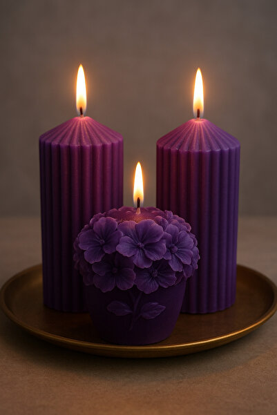 Handmade Mor Çiçek Desenli Dekoratif Mum Takımı 3’lü Set