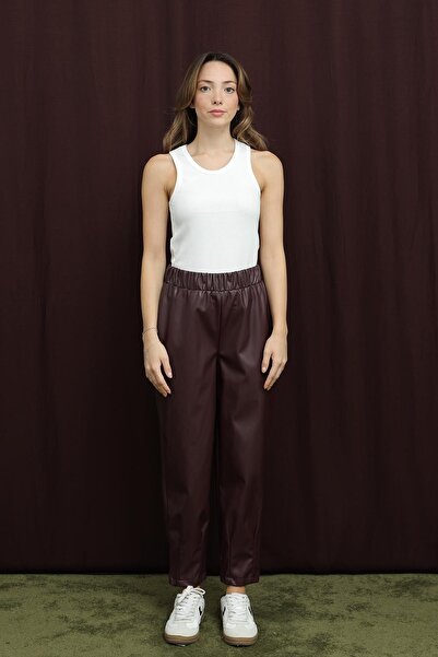 Puane Women's Leather Trousers with Leg Detail - 18270Pnt - Burgundy