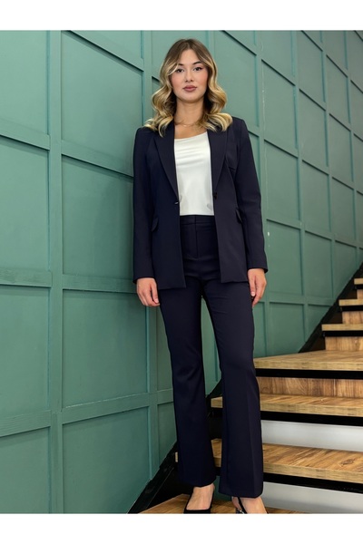 AYHAN Women's Pocket Detailed, Single Button Front, Fitted Waist Blazer Jacket-Pants Set