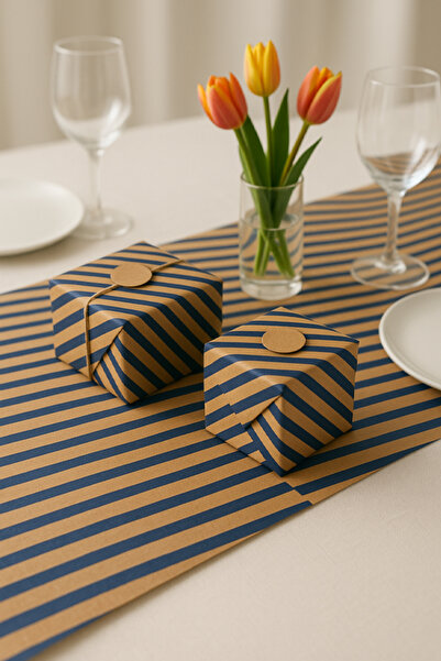 OLİ Art Kraft Navy Blue Ribbon Line Wrapping Paper 10 Pieces 70X100Cm Gift Packaging Gift Paper