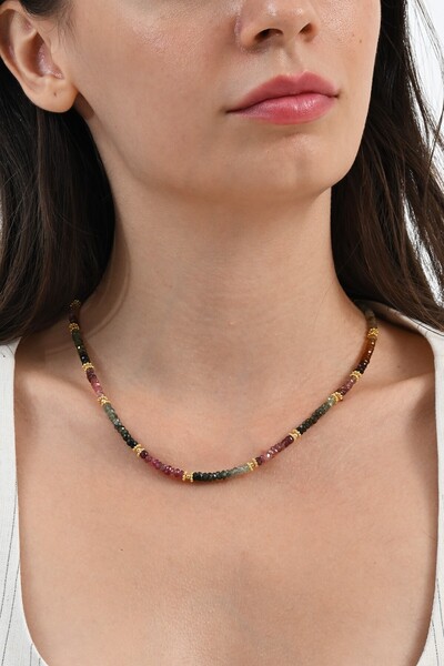 Söğütlü Silver 925 Ayar gümüş altın yaldızlı turmalin doğal taşlı dizi kolye SGTL13087RENKLI