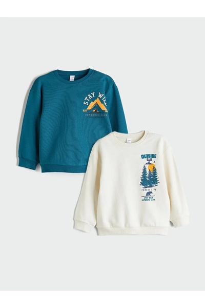 LC Waikiki Kids Beige Crew Neck Printed 100% Cotton Boys' Sweatshirt 2-Pack
