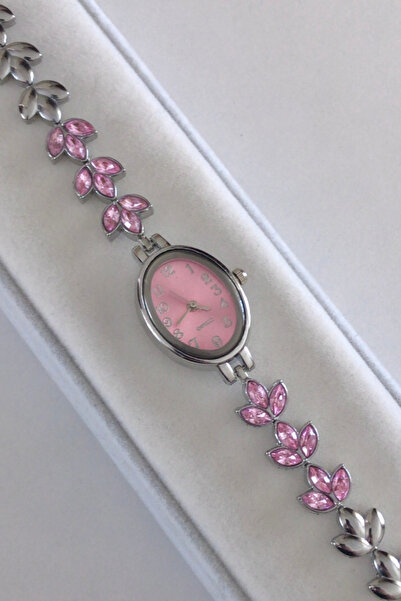 captiva Minimal Pink Stone Oval Dial Floral Wristwatch
