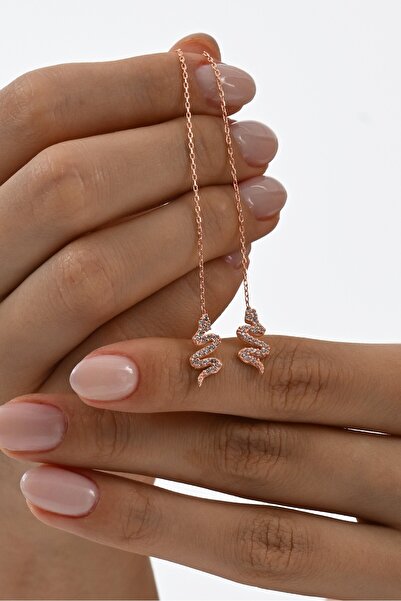 Söğütlü Silver Gümüş rose zirkon taşlı yılan figürlü zincir küpe SGTL13034ROSE