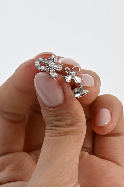 Söğütlü Silver Gümüş rodyumlu zirkon taşlı incili kelebekler kombin küpe SGTL13031RODAJ