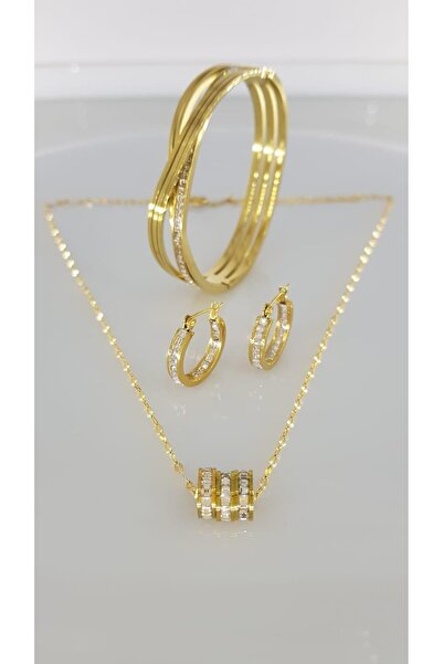 SONES Kararmaz Çelik Gold Altın Rengi Taşlı Kolye Küpe Bileklik Takı Seti – Hediye Kutulu