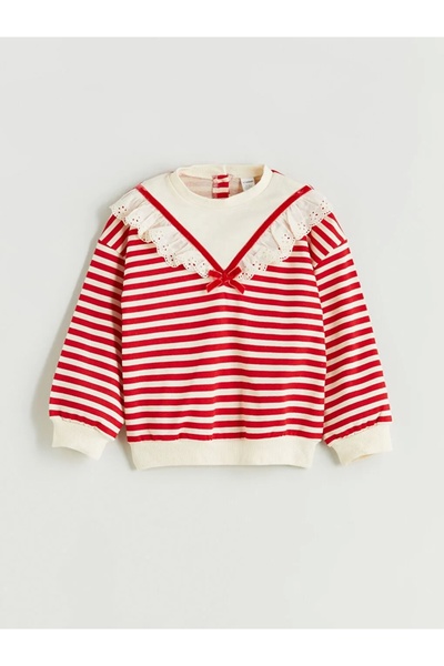 LC Waikiki Kids Red Crew Neck Striped Cotton Girls Sweatshirt and Leggings 2-Piece Set